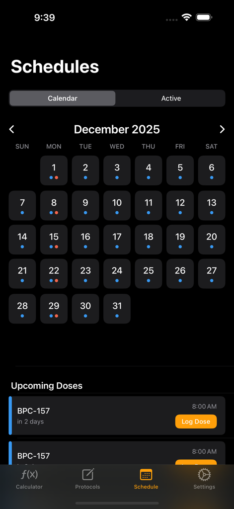 Peptide Calculators - Monthly calendar view in the Peptide Calculators app showing upcoming doses and treatment history.