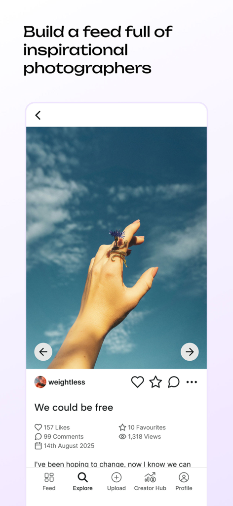 clickasnap - ClickASnap app interface showing an artistic photo of a hand against a blue sky with engagement stats and navigation menu.
