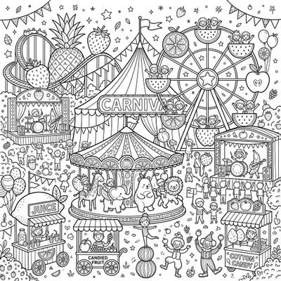 Experience the excitement of a fruit-filled carnival with this dynamic coloring page designed for teens. Discover rollercoasters, Ferris wheels, merry-go-rounds, and lively performers, all awaiting your creative touch.