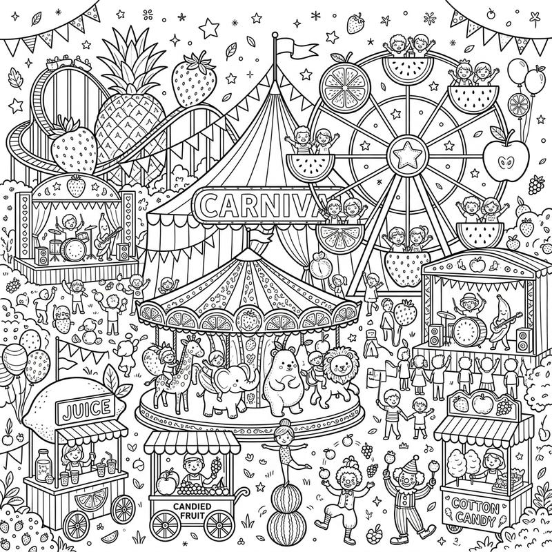 Experience the excitement of a fruit-filled carnival with this dynamic coloring page designed for teens. Discover rollercoasters, Ferris wheels, merry-go-rounds, and lively performers, all awaiting your creative touch.