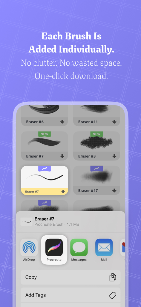Tools & Brushes for Procreate - Interfaz que muestra cómo descargar pinceles individuales e importarlos directamente a Procreate