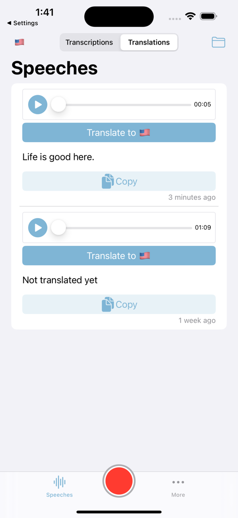 Speechless: audios to texts - Interface do aplicativo Speechless exibindo arquivos de áudio traduzidos para texto em inglês