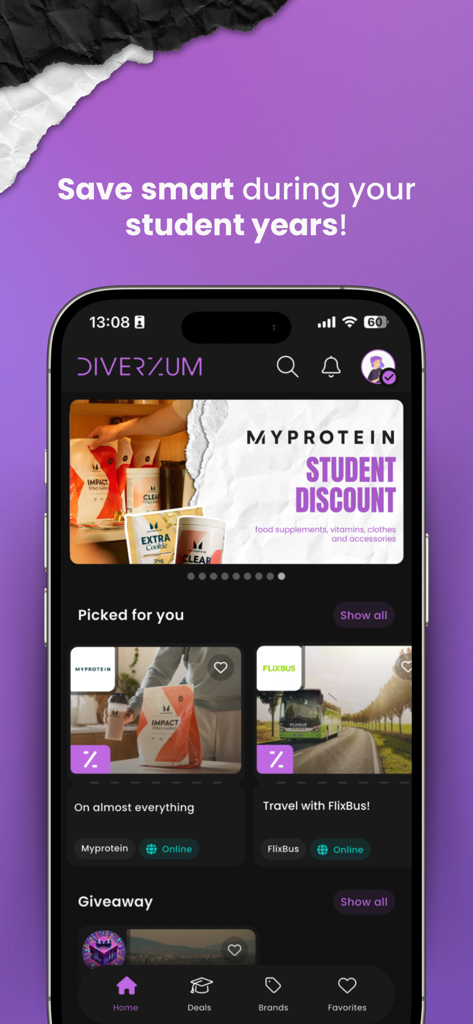 Diverzum - Student discounts - Diverzum mobile app home screen showing student discounts for Myprotein and FlixBus brands
