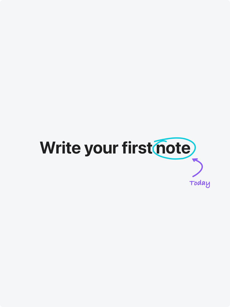 Inky Notes: Good Note taker - Pantalla de incorporación minimalista para la aplicación Inky Notes que muestra el texto Escribe tu primera nota con anotaciones escritas a mano