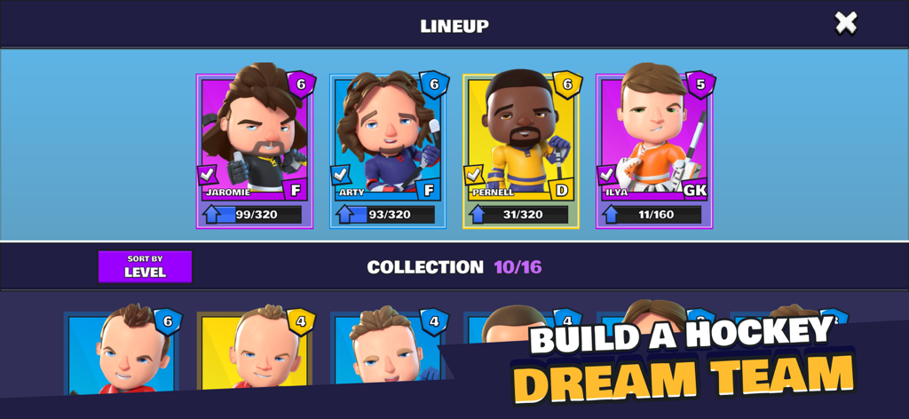 Pocket Hockey Stars - Pocket Hockey Starsのラインナップとコレクションメニュー。ドリームチームを構築するために異なるホッケーヒーローキャラクターを表示