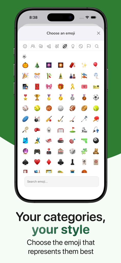 Kesef: Expense Tracker - Tela do iPhone mostrando um seletor de emojis para personalizar categorias de orçamento no aplicativo Kesef