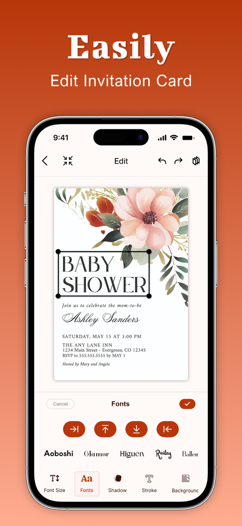 Invitation Maker-RSVP,Greeting - Una pantalla de iPhone que muestra la interfaz de la aplicación Invitation Maker para editar una invitación floral de baby shower.