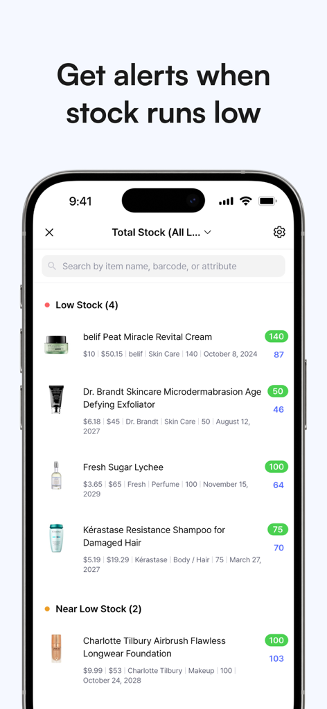 BoxHero mobile app interface displaying real-time low stock alerts and inventory levels for retail products.