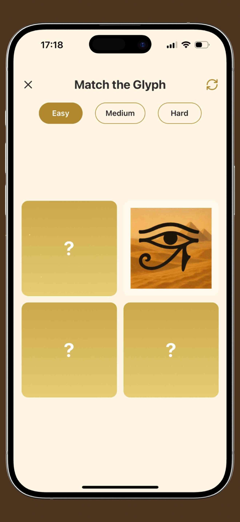 GlyphsQuest Match the Glyph mini-game screen showing an Eye of Horus card