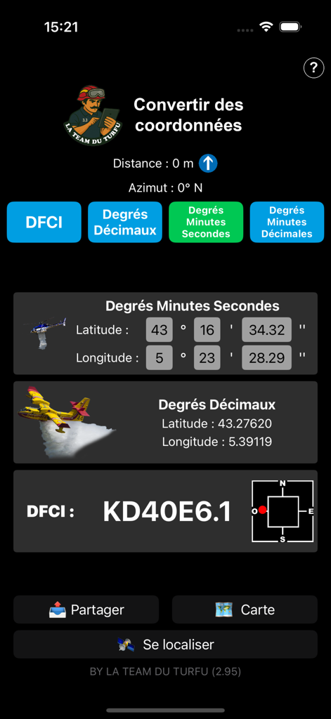 GeoBaroud - Interfaccia dell'app GeoBaroud che visualizza la conversione delle coordinate GPS in formati DMS DD e DFCI.