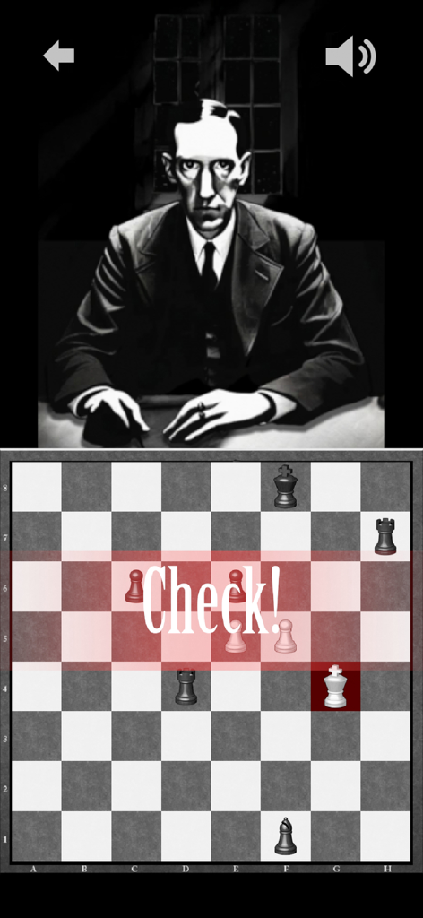 Lovecraft Chess and Checkers - A vintage black and white chess match against H.P. Lovecraft featuring a Check notification.