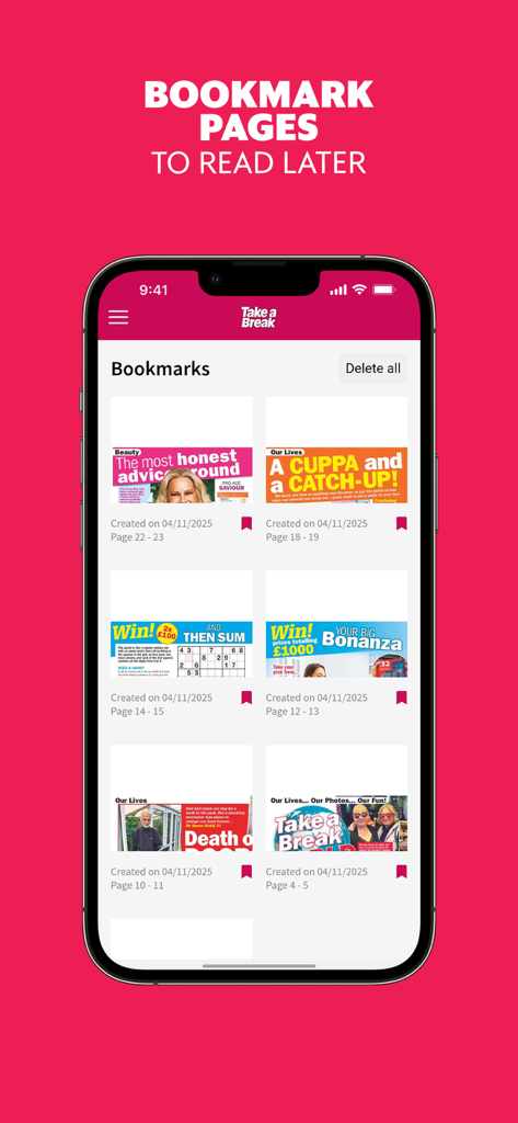 Bookmarks screen in the Take a Break Magazine app showing a list of saved stories and puzzles to read later