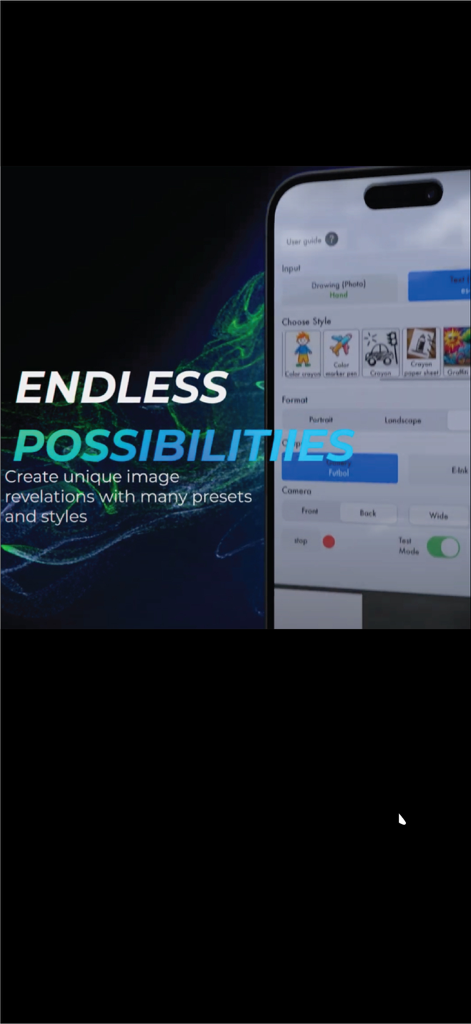 MindDraw - MindDraw app interface showing a menu of drawing styles and presets for magic revelations