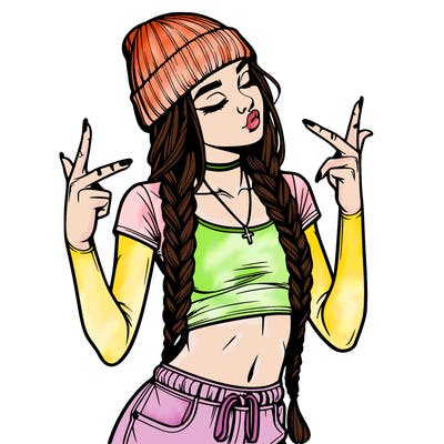 realistic teenage girl with braids and a beanie and crop top doing 🫶🏼