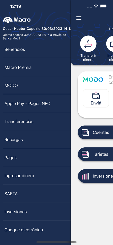 Side menu and main interface of the Banco Macro mobile banking app in Spanish.