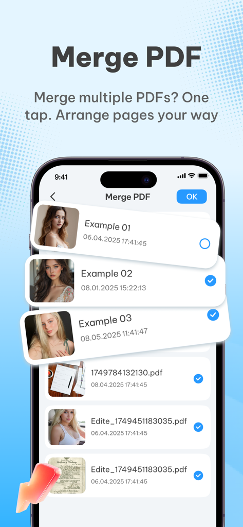 Mobile app interface showing a list of documents being selected to merge into a single PDF