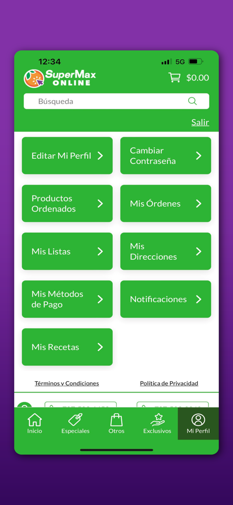 SuperMax Online - User profile dashboard in the SuperMax Online app showing account management options such as orders, lists, and payment methods.