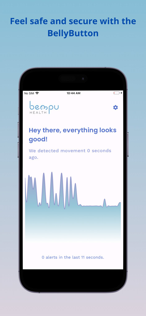Bempu app interface on an iPhone displaying a movement graph and positive health status for an infant.