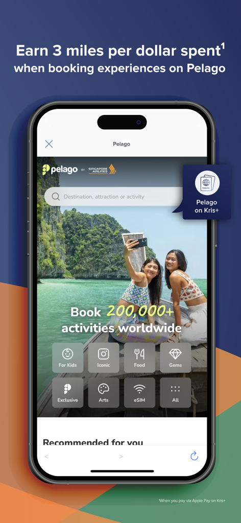 Kris+ by Singapore Airlines - Kris plus app interface showing Pelago integration for booking travel activities and earning miles