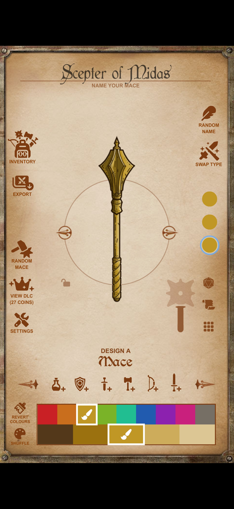 Instant Armory - The Instant Armory app interface showing a golden hand-drawn fantasy mace titled Scepter of Midas with various customization tools and color palettes.