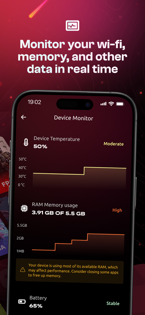 ExitLag app device monitor screen displaying real time mobile temperature RAM usage and battery stats for gaming optimization