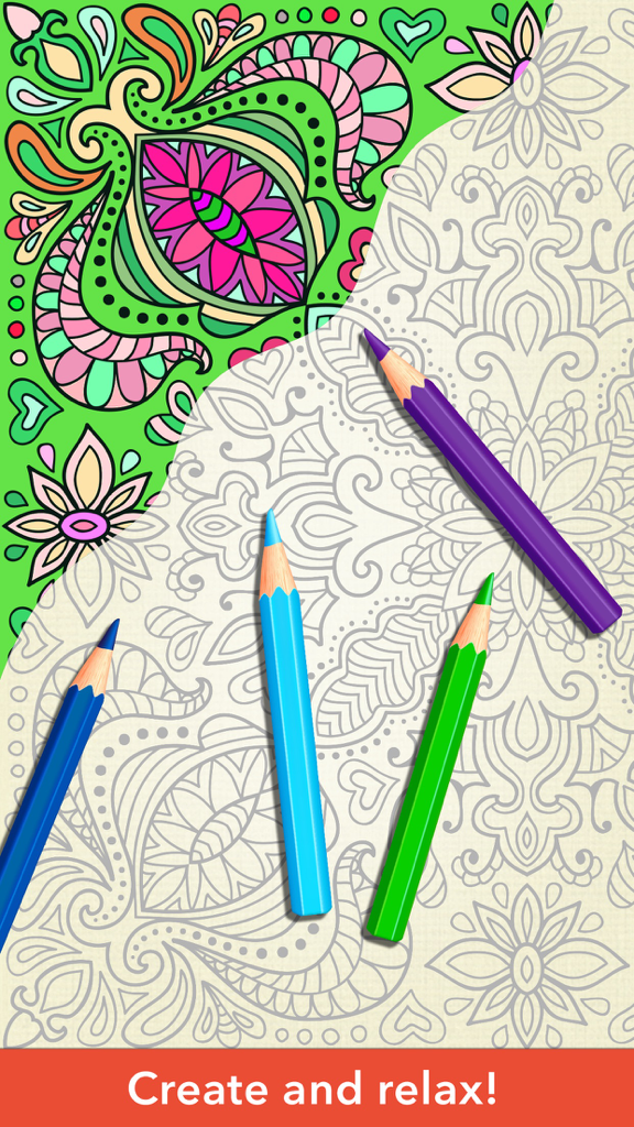 Zen Coloring Book for Adults - A partially colored mandala design with colored pencils and a banner saying Create and relax.
