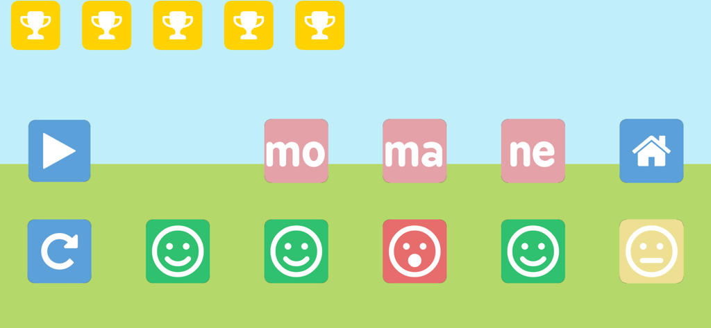 Impariamo le sillabe - Gameplay interface of an Italian language learning app showing syllables and smiley face rewards.