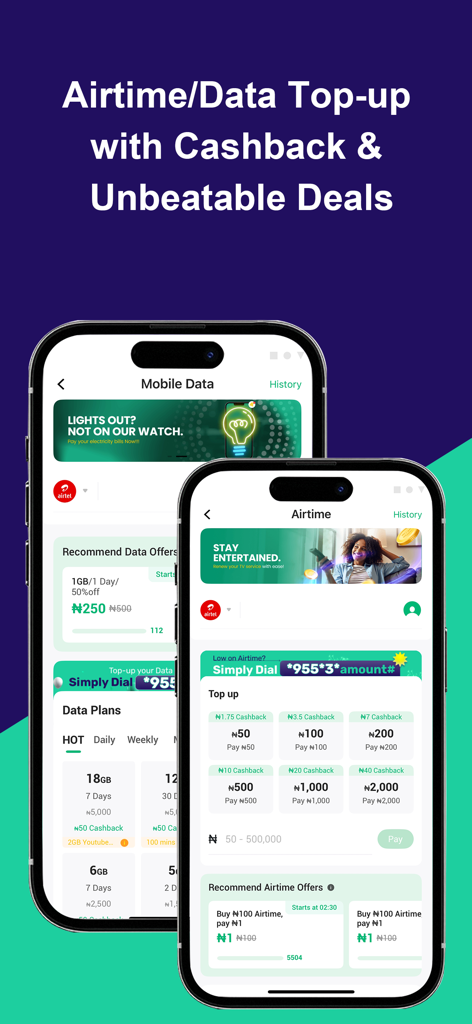 OPay app screens showing mobile data and airtime top-up options with cashback deals.