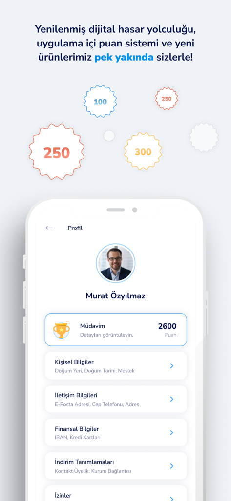 User profile screen of the Sigortam Cepte app showing account settings and a loyalty point system