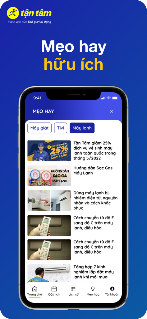 Mobile app screen showing a list of useful tips and maintenance guides for home appliances like air conditioners and washing machines