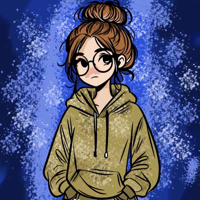 teen girl with a messy bun and glasses wearing a loose hoodie and jeans