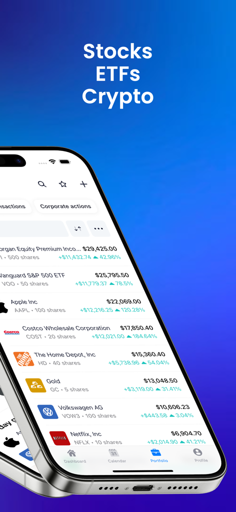 Aplicativo móvel Snowball Analytics mostrando um portfólio de investimentos com métricas detalhadas de desempenho de ações e ETFs