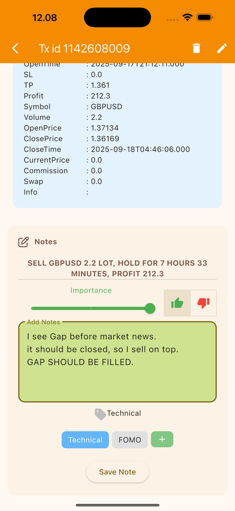 Trade Journal-Bildschirm mit Forex-Transaktionsdetails und technischen Notizen
