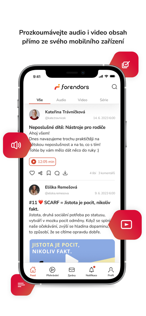 Forendors - Forendors mobile app interface showing a content feed with audio and video posts from creators