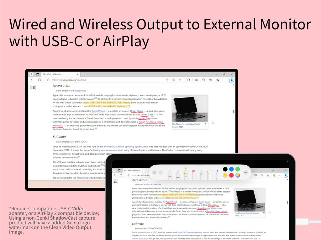 iPad screen mirrored to an external monitor with markup tools