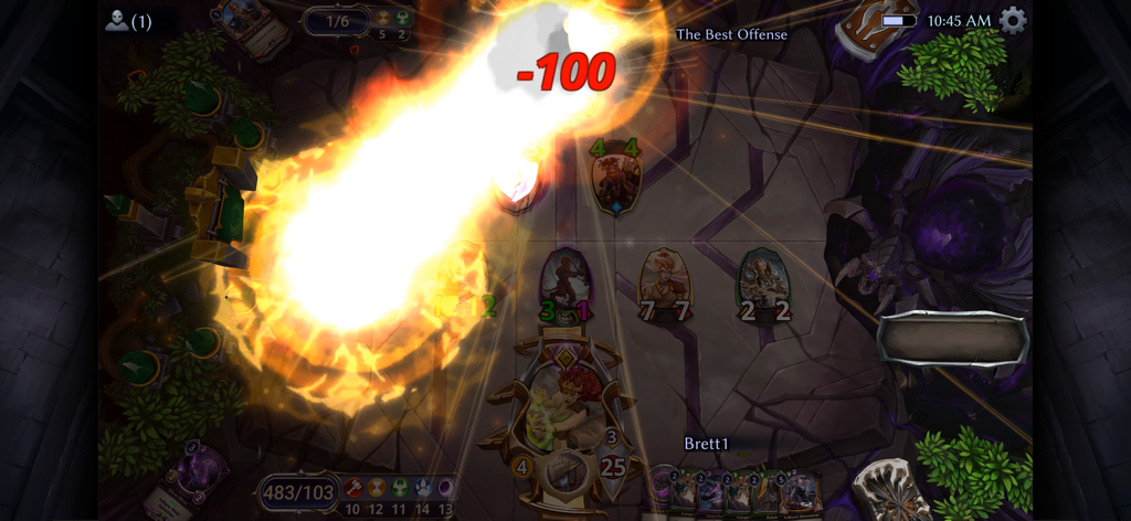 A powerful fireball spell dealing massive damage during a strategic card battle.