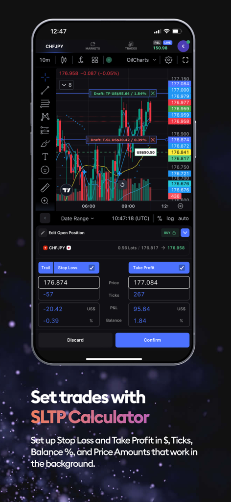 Aplicación de trading móvil TradeLocker mostrando la interfaz de la calculadora SLTP