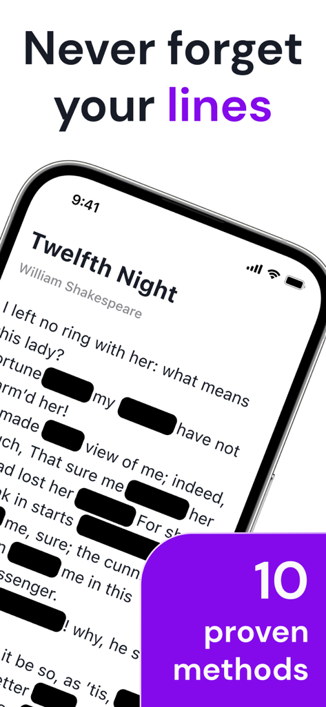 MemoCoach app showing a script from Shakespeare's Twelfth Night with hidden words for memorization practice