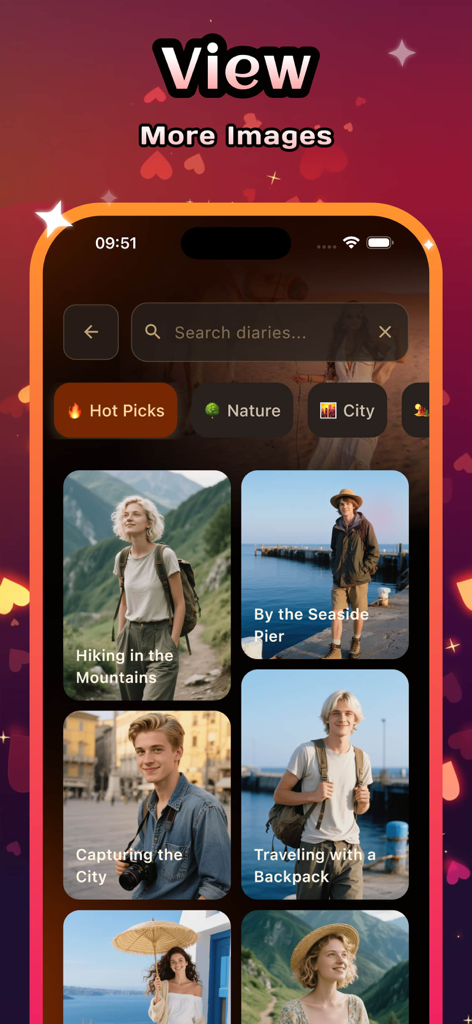 Meci - A mobile interface for the Meci travel journal app showing a photo gallery of user trips categorized by nature and city with AI-generated captions.