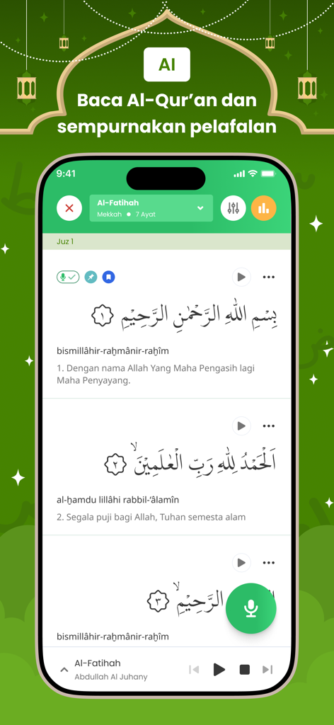 Smartphone screen showing the Al-Fatihah surah lesson on the Ngaji AI tutor app