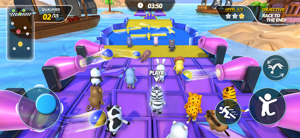 Divers personnages animaux faisant la course sur un parcours d'obstacles avec des canons roses