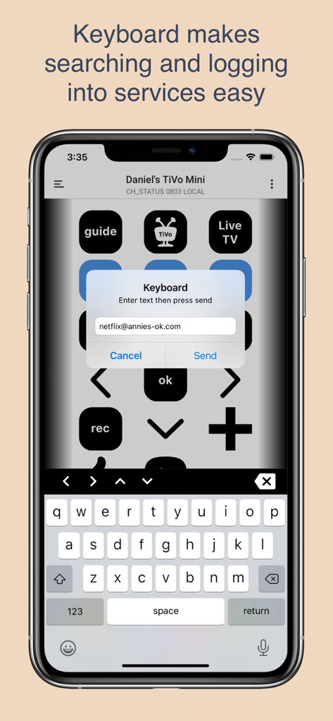 TVO Remote for TiVo app interface showing the keyboard feature for easy searching and service login.