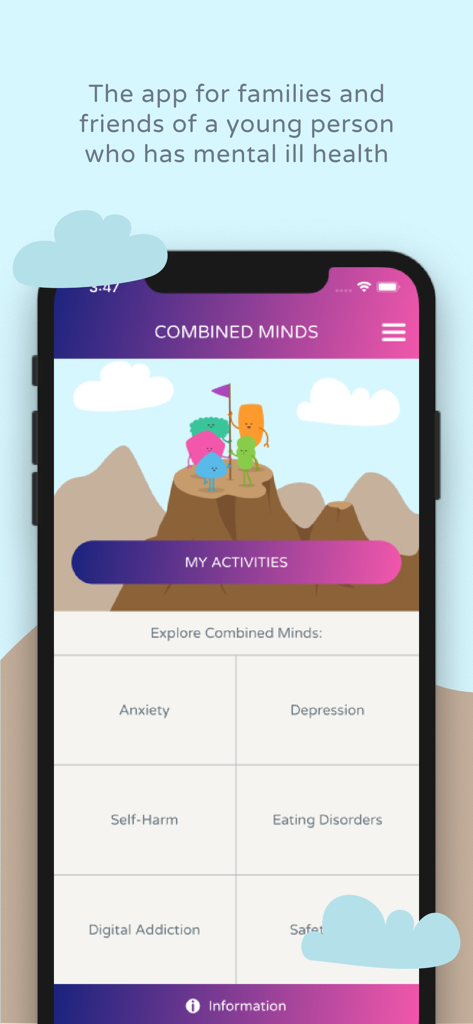 Home screen of the Combined Minds app showing mental health support categories for families and friends
