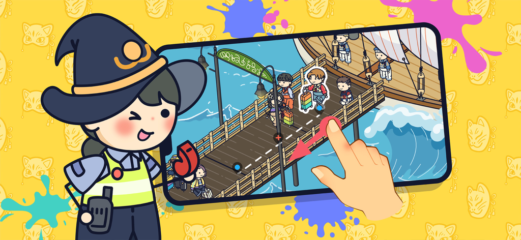 Una mano che interagisce con lo schermo di gioco di Topia World Busy Life mostrando personaggi su un molo e un personaggio mago.