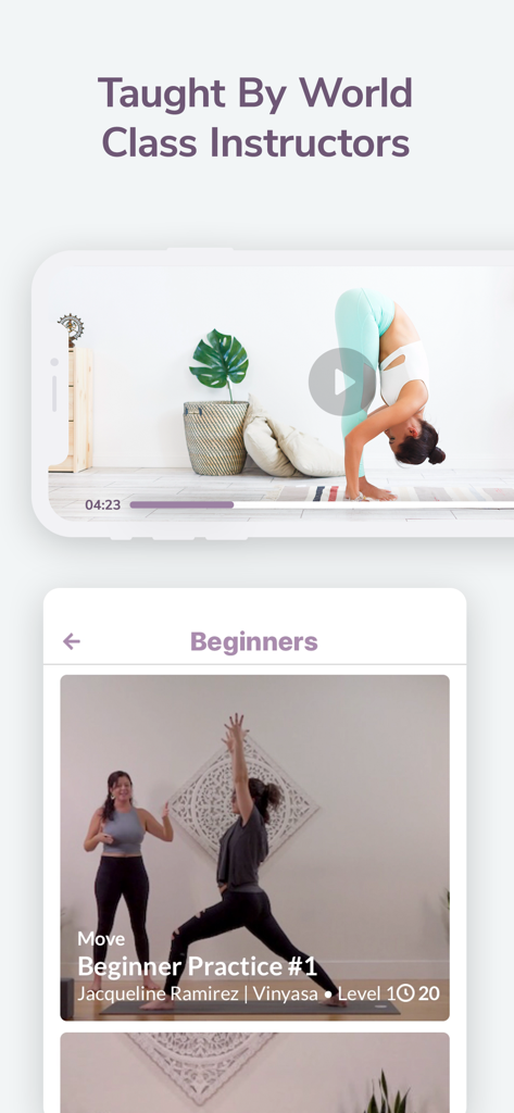 Yoga Time: For Beginners & All - Yoga Time app interface showing beginner yoga video lessons and world class instructors.