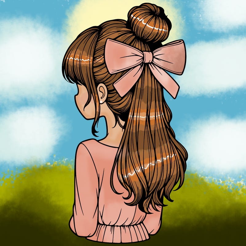 realistic girl  with hip length hair a bun and a big bow on the back of head