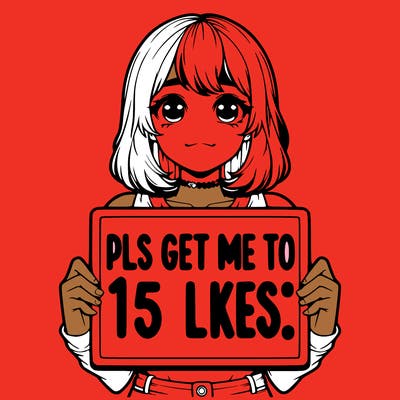 realistic girl holding up a sign that says “pls get me to 15 likes!”