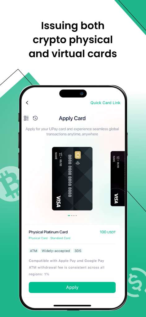 Interface móvel do aplicativo UP Business mostrando o processo de solicitação de cartões Visa de criptomoedas físicos e virtuais