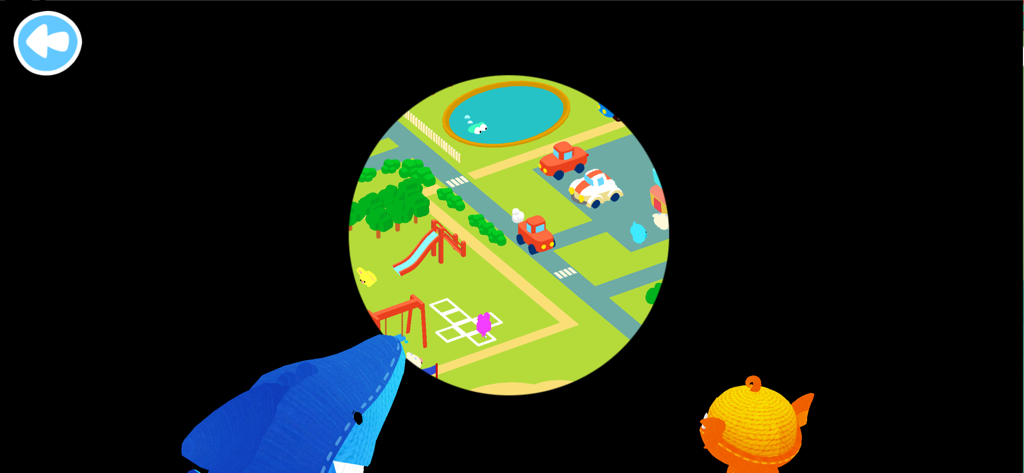 Moka Mera Lingua - Atlas and Moka Mera playing the spyglass minigame in a cartoon city map