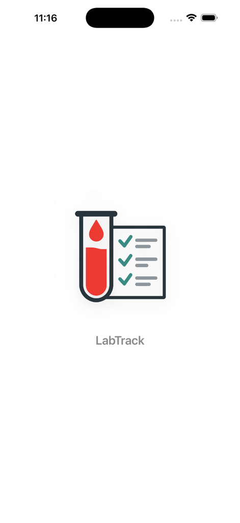 LabTrackGo - LabTrackGo splash screen featuring a blood test tube and a health checklist icon